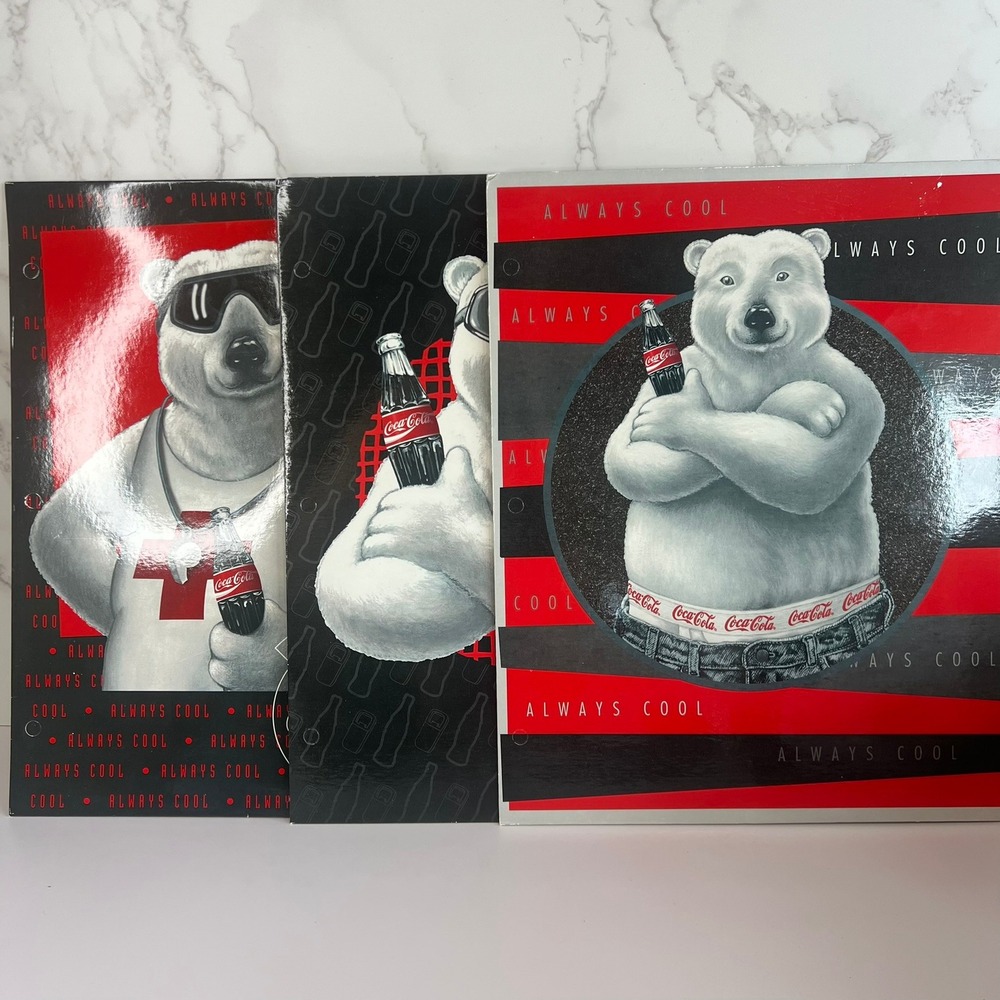 Vintage 1995 Coca-Cola Polar Bear Always Cool Folders Set of 3 Y2K 3-Hole Punch